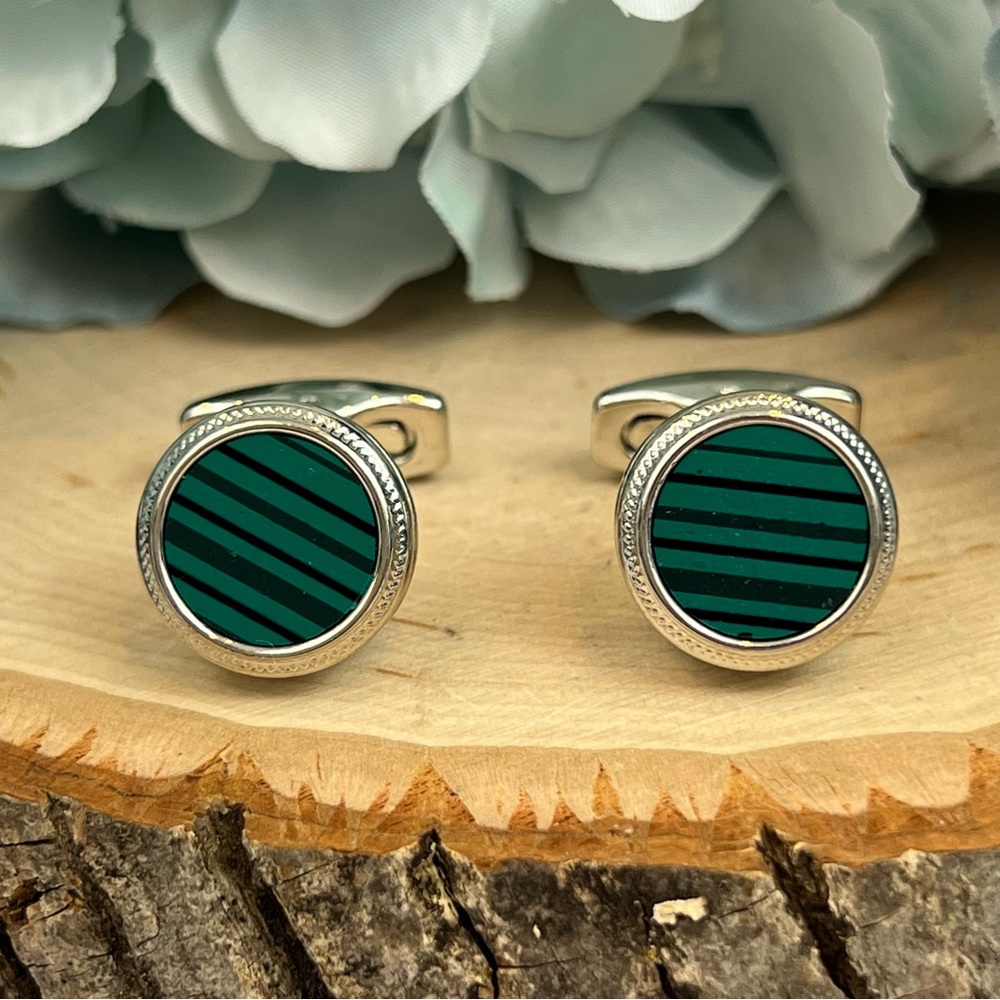 Stunning Green Malachite Round Silver Cufflinks - Picture 6 of 16